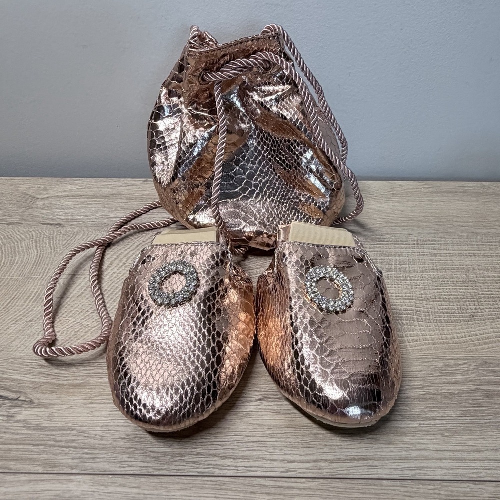 Joan Boyce Rose Gold Snake Foldable Ballet Flats 7.5 Rhinestones Travel Pouch
